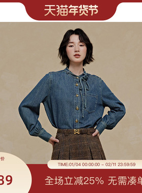 PIT蓝色牛仔100%棉长袖衬衫女2025春季新款领带外套上衣百搭