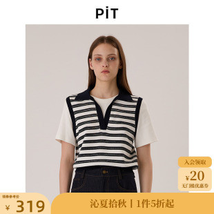 上衣 PIT撞色条纹拼接假两件翻领短袖 T恤针织衫 女2025夏薄款 修身