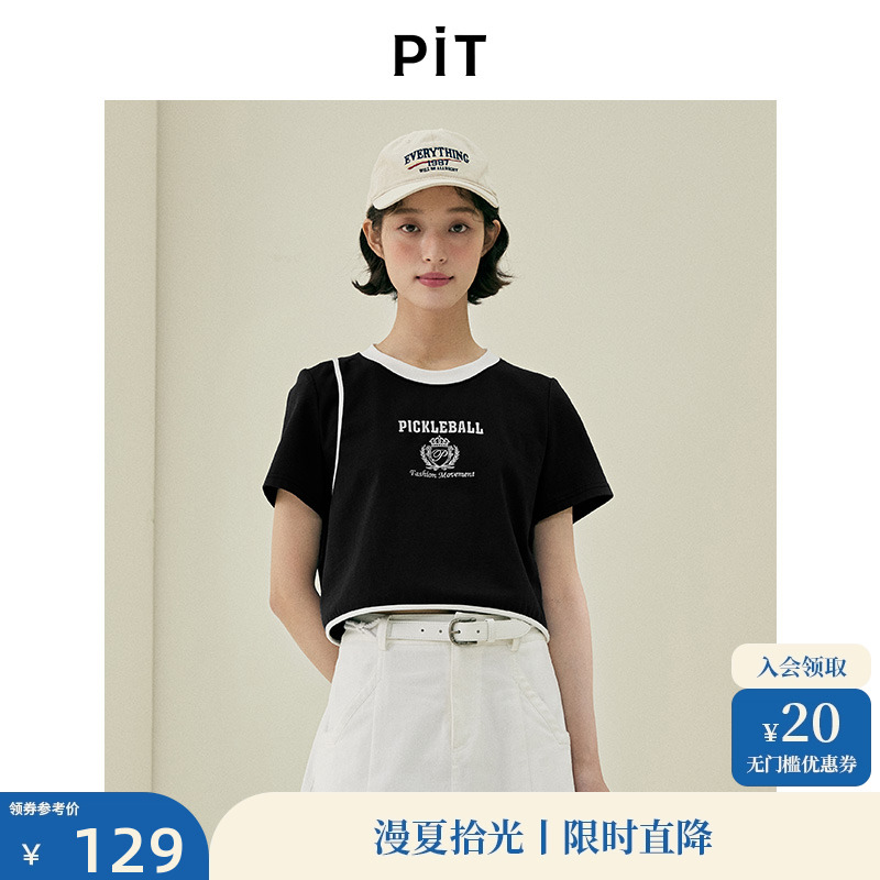 PIT黑色纯棉圆领字母印花短款T恤短袖女2025夏新款休闲修身上衣