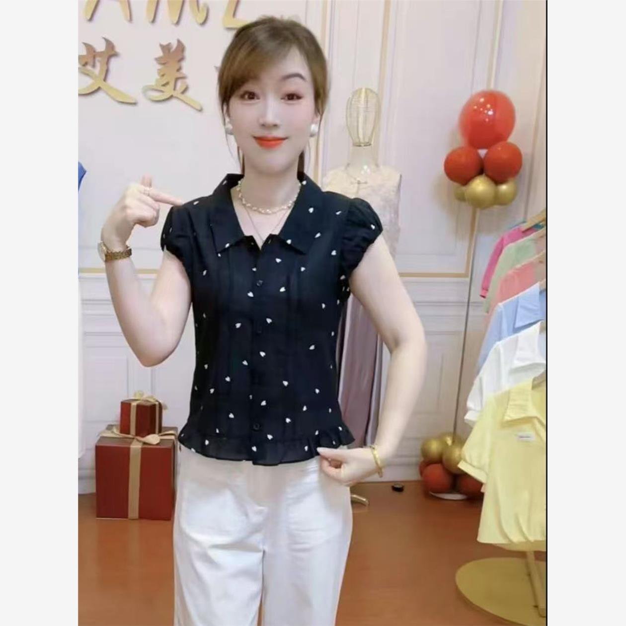 时尚衬衫女新款爱心蝴蝶短袖上衣