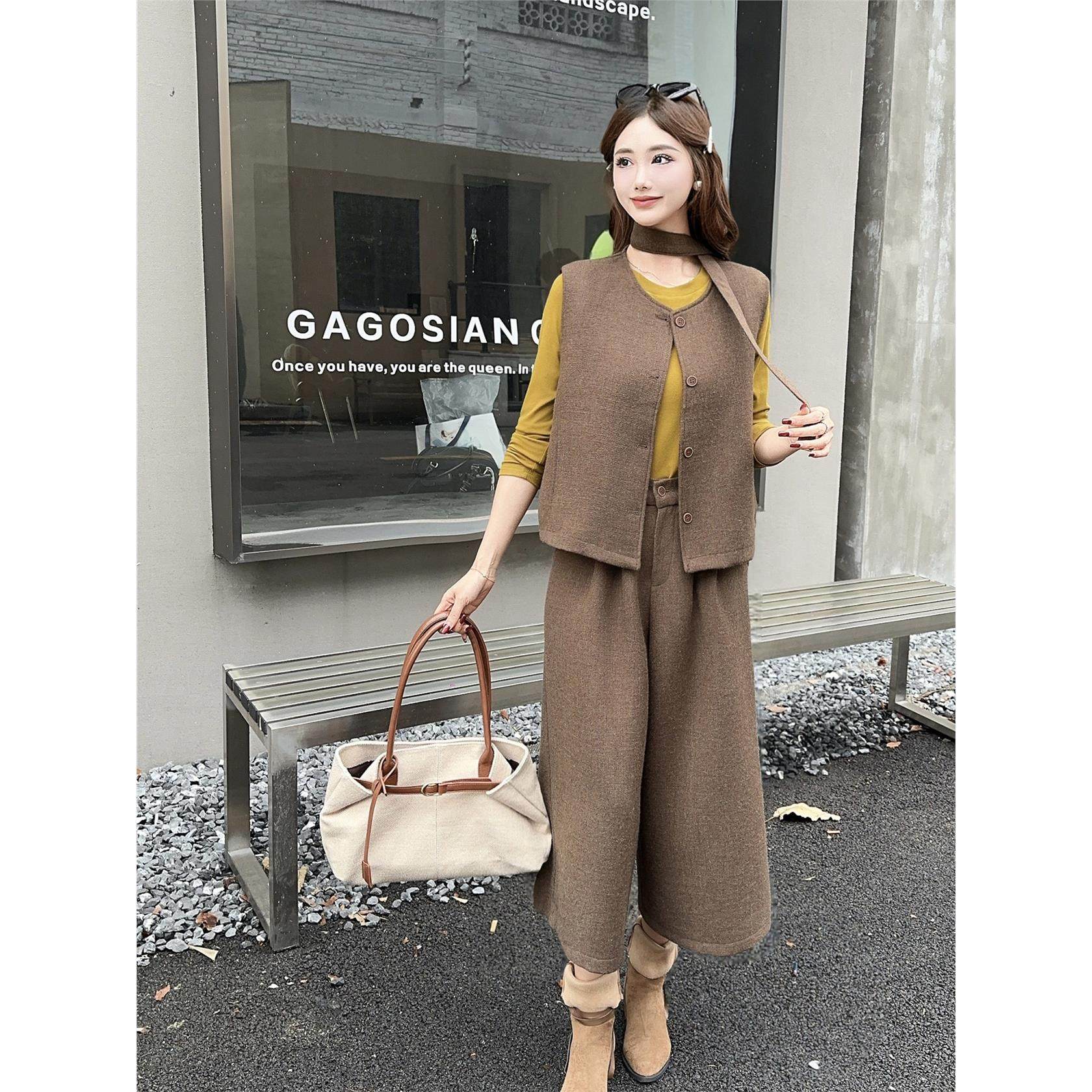 时尚阔腿裤套装女秋冬加厚毛呢马甲背心打底衫八分阔腿裤三件套装,女装/女士精品,时尚套装,淘宝优惠券,粉丝福利购,淘宝优惠卷