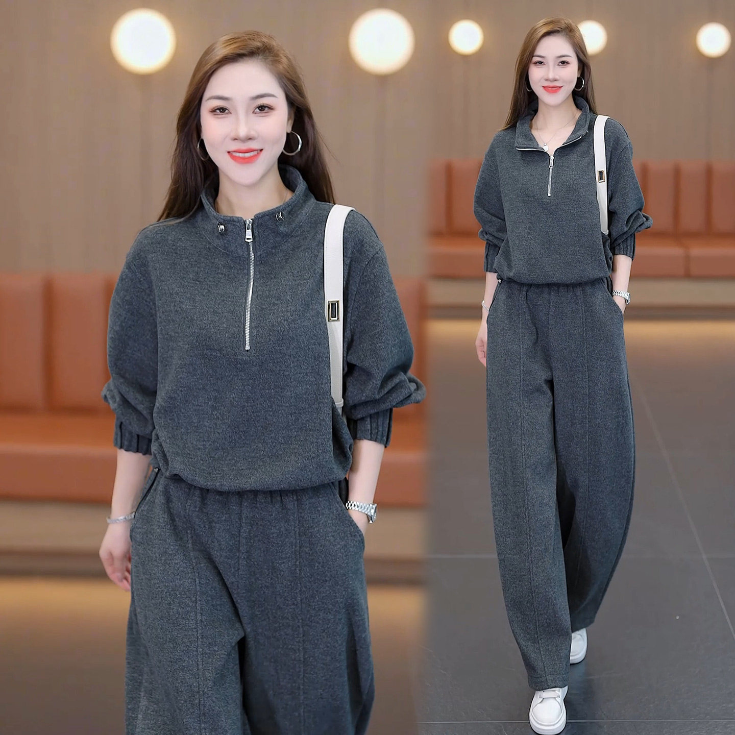 休闲立领半拉链卫衣阔腿裤两件套女秋冬新款宽松韩版加绒运动套装,女装/女士精品,时尚套装,淘宝优惠券,粉丝福利购,淘宝优惠卷