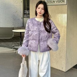 新中式红色国风羽绒棉服女款2025冬季新款提花高级感加棉保暖外套