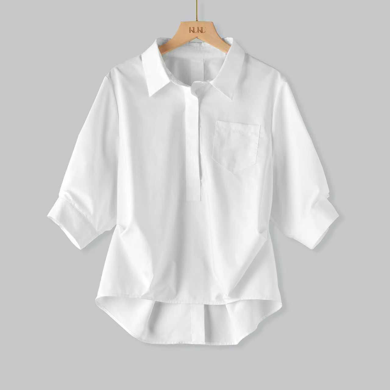 时尚中袖POLO领衬衫女春夏新款洋气宽松显瘦百搭设计感衬衣上衣潮