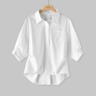 女春夏新款 POLO领衬衫 洋气宽松显瘦百搭设计感衬衣上衣潮 中袖 时尚