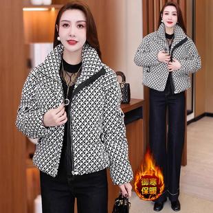 新款 棉服女冬季 洋气显瘦休闲百搭保暖千鸟格立领棉衣外套 短款 时尚