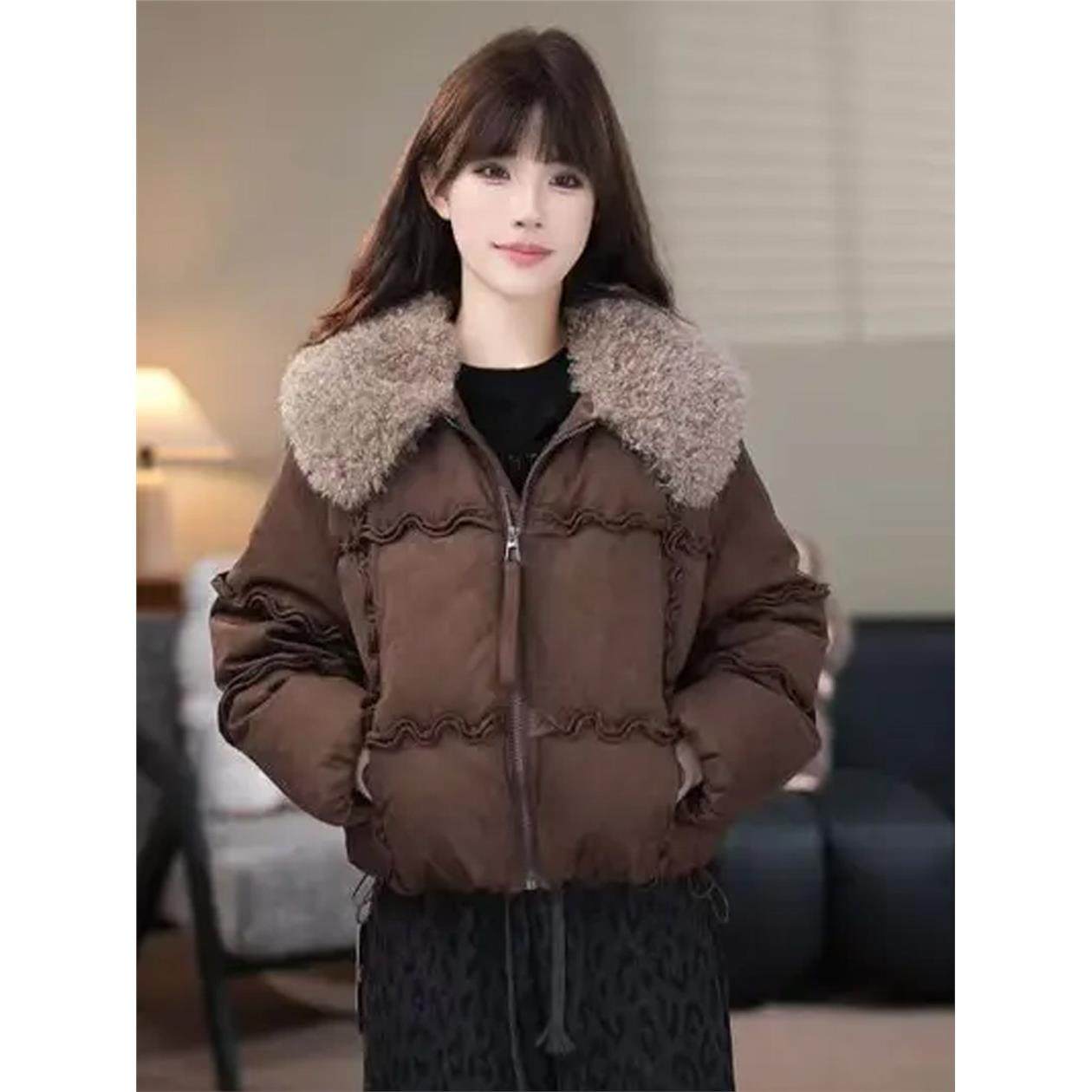 时尚羊羔毛翻领短款棉服女2025冬季新款洋气显瘦宽松保暖棉衣外套,女装/女士精品,棉衣/棉服,淘宝优惠券,粉丝福利购,淘宝优惠卷