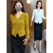 女 小众显瘦百搭气质打底衫 洋气V领蕾丝t恤上衣女2026年春秋季 新款