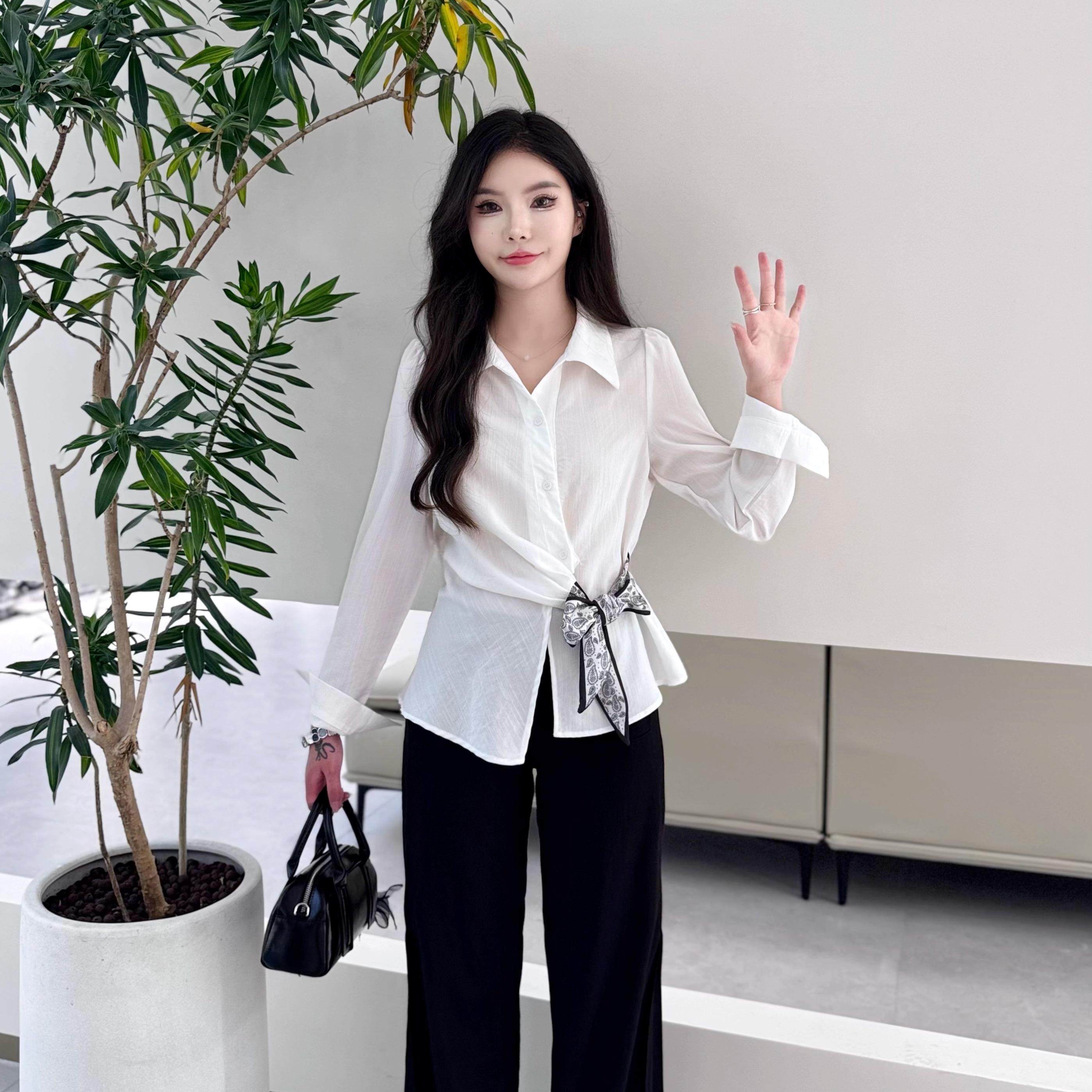 2025秋季新款韩版时尚气质休闲 百搭宽松收腰绑带设计感褶皱衬衫