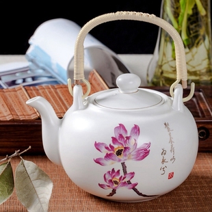 手绘荷花牡丹壶陶瓷家用防烫复古带过滤泡茶壶 大容量提梁壶中式