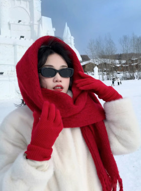 红色围巾手套帽子耳罩三件套白色毛绒4件套装女冬加厚保暖氛围感