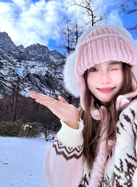 粉色围巾帽子耳罩三件套 针织帽女冬护耳飞行滑雪毛线帽保暖