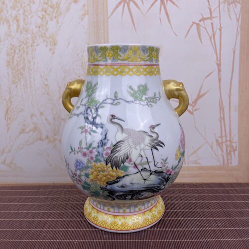 陶瓷夜光双耳福筒花瓶插花器客厅家居装饰品摆件书房博古架摆设品