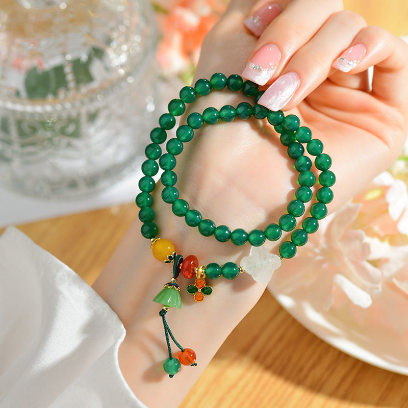 新款天然绿玛瑙双圈手链莲蓬吊坠花朵玉石景区寺院同款复古女手串