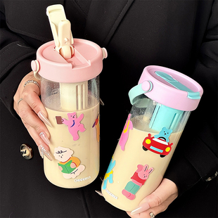 女高颜值吸管刻度玻璃杯便携提手随手水杯子学生豆浆牛奶咖啡杯男