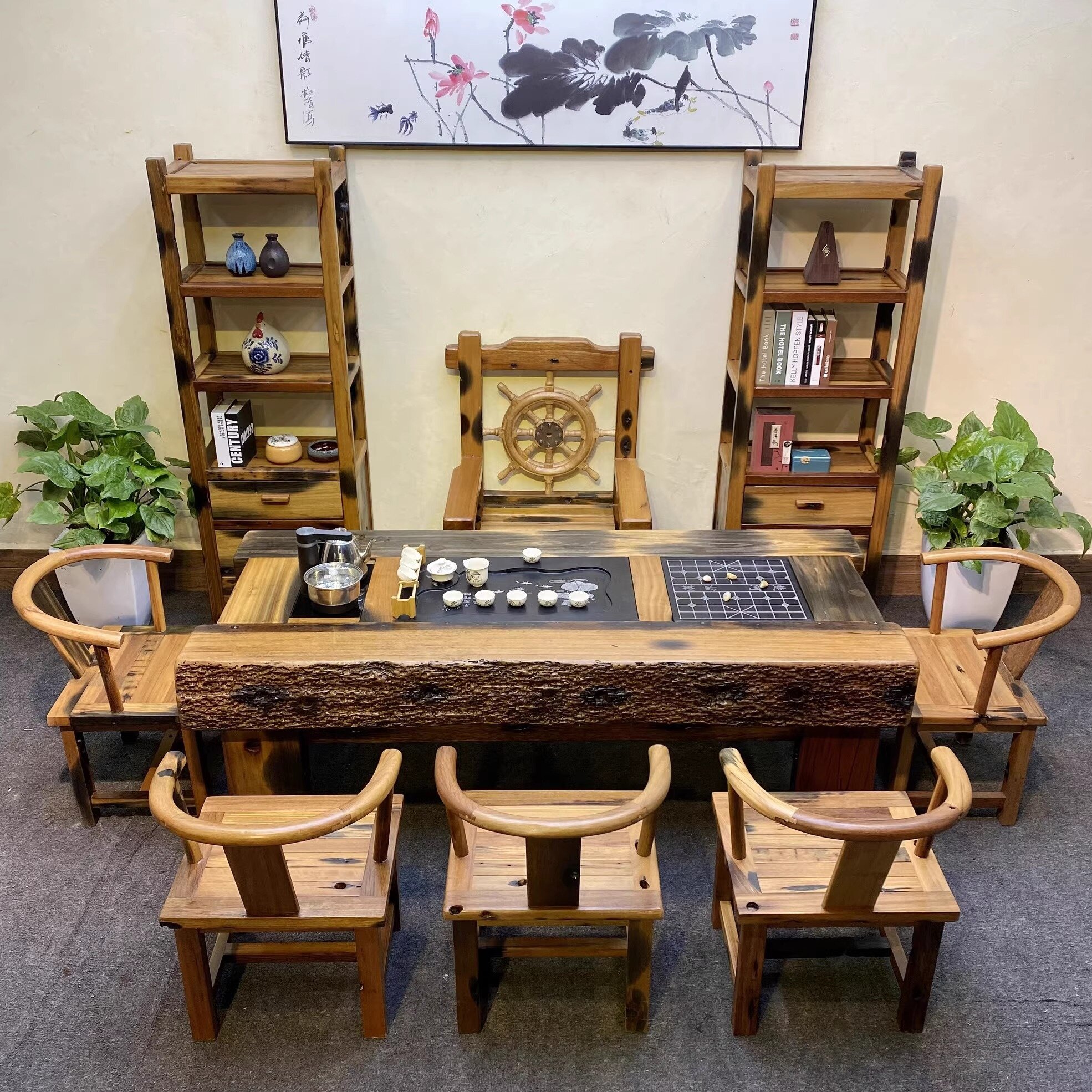 海船木茶桌椅组合实木功夫茶几中式老船木茶台户外办公家用泡茶桌