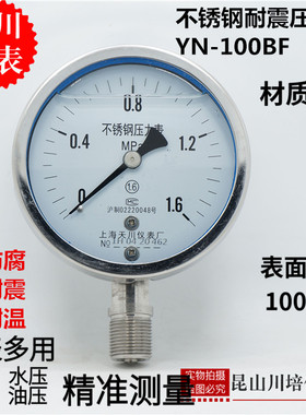 上海天川仪表全不锈钢304耐震抗震压力表YN-100BF耐高温防腐油压