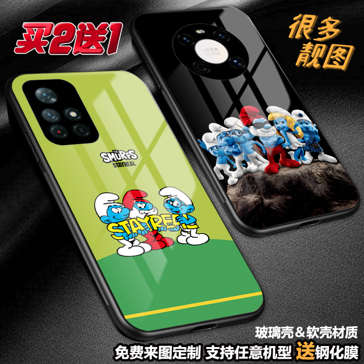 可爱蓝精灵卡通迪士尼手机壳适用红米note12proplus note11玻璃1098k60k50k40k30k20小米13 12t11黑鲨6至尊98