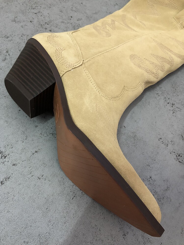 ZARA R 두꺼운 뒤꿈치 높은 카우보이 부츠 여성의 새로운 지적 발가락 낙타 부츠 누벅 가죽 하이힐 섹시한 웨스턴 부츠