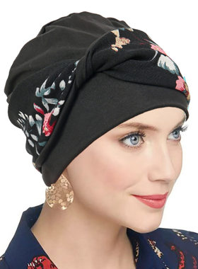Turban cap women 街拍头巾帽印花发带扭扭套头帽花朵头巾帽现货
