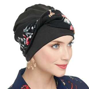 women 街拍头巾帽印花发带扭扭套头帽花朵头巾帽现货 cap Turban