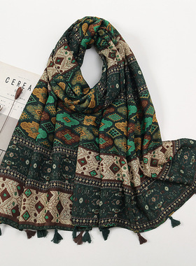 travel scarf 复古拼色小碎花旅游长巾棉麻手感丝巾外搭装饰披肩