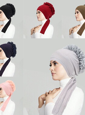 Women cap turban 大花纯色蕾丝花边盘花帽丝光棉网布印度包头帽