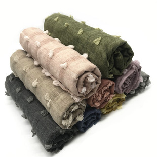 scarf women 春季棉麻棉质围巾脏染条纹带小球球包头披肩女围巾