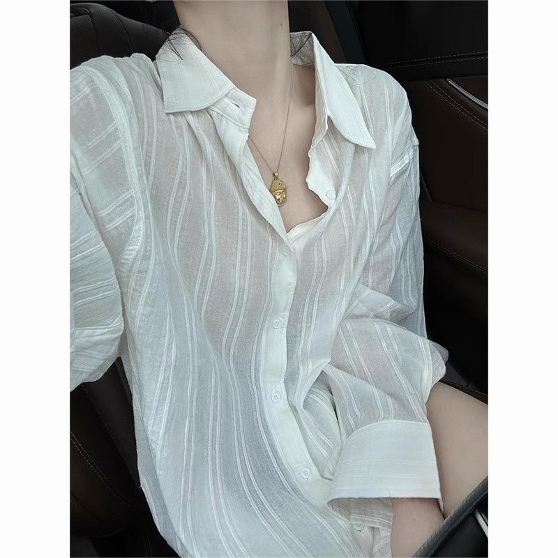 法式白色天丝防晒POLO衬衫衫女夏季外搭薄款开 衫衬衫小披肩上衣