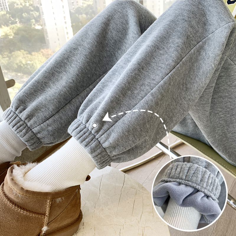 运动裤女秋冬加厚宽松束脚裤小个子休闲裤子冬季新款灰色加绒卫裤