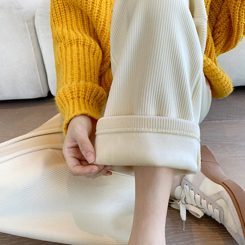 阔腿裤女秋冬加绒白色高腰宽松显瘦垂感直筒裤冬季加厚灯芯绒裤子