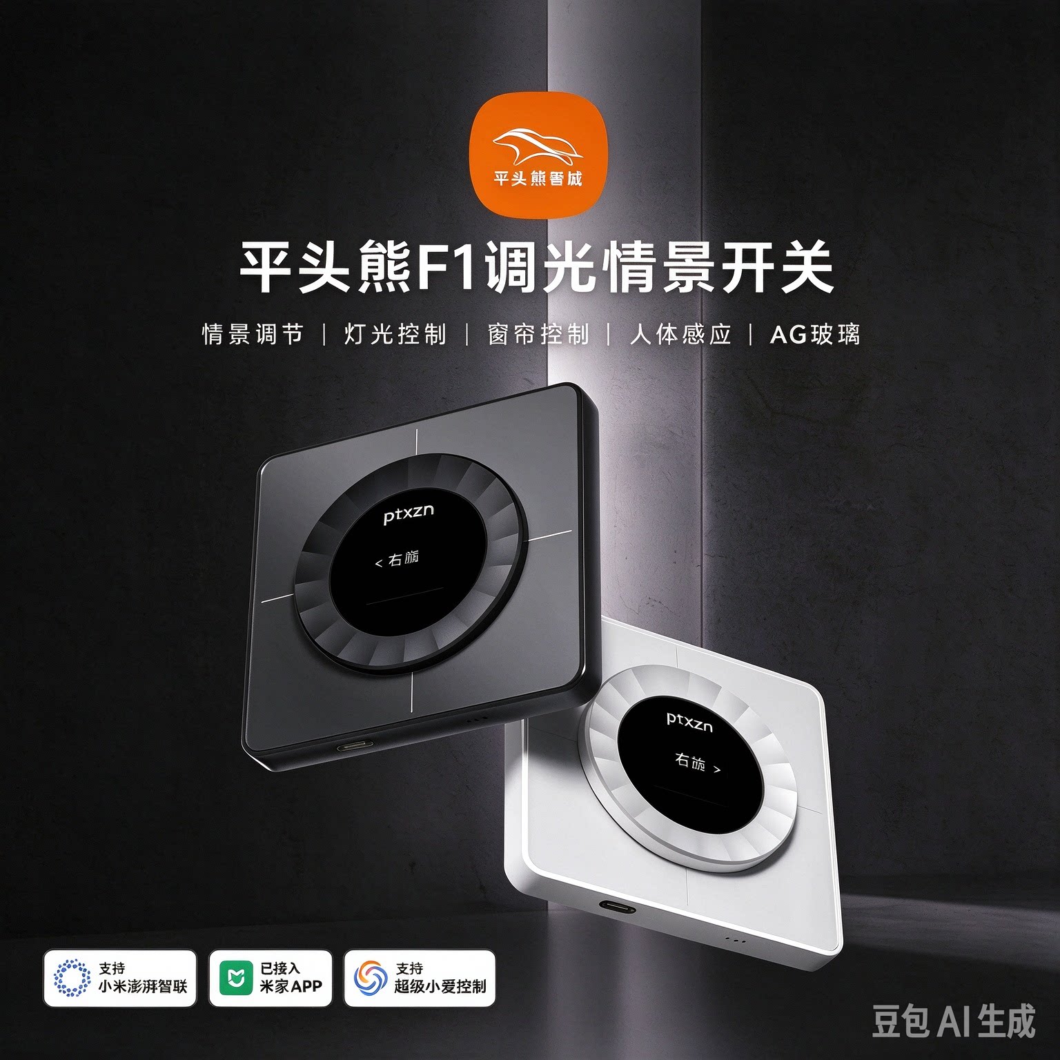 【新品】平头熊F1调光情景旋钮窗帘灯光无线四建充电屏显款