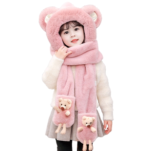 儿童帽子冬季男女童可爱萌护耳帽围巾手套一体帽小熊款宝宝套头帽
