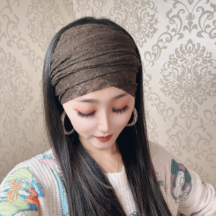 妖梦夏天头巾帽女宽边螺旋头饰咖色蕾丝遮盖白发发带两用围巾围脖