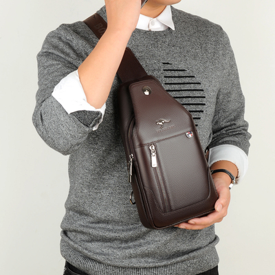 柏林袋鼠真皮男士胸包商务简约男式胸前包时尚牛皮单肩斜挎包