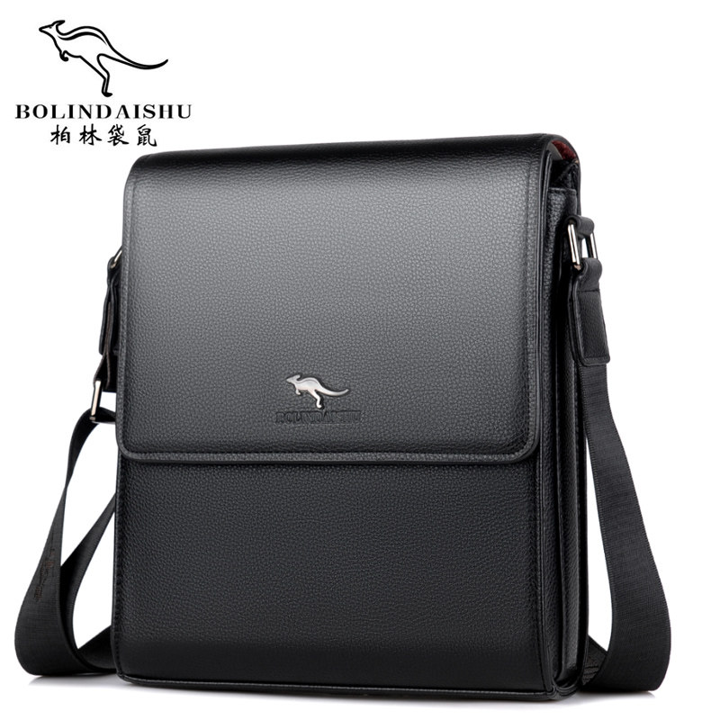 柏林袋鼠新款真皮男士单肩斜挎包韩版时尚简约牛皮黑色户外背包