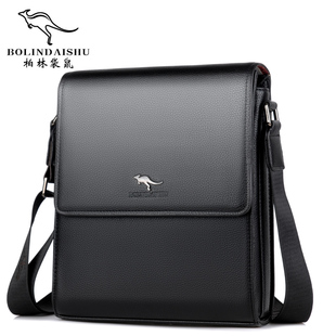 柏林袋鼠新款真皮男士单肩斜挎包韩版时尚简约牛皮黑色户外背包
