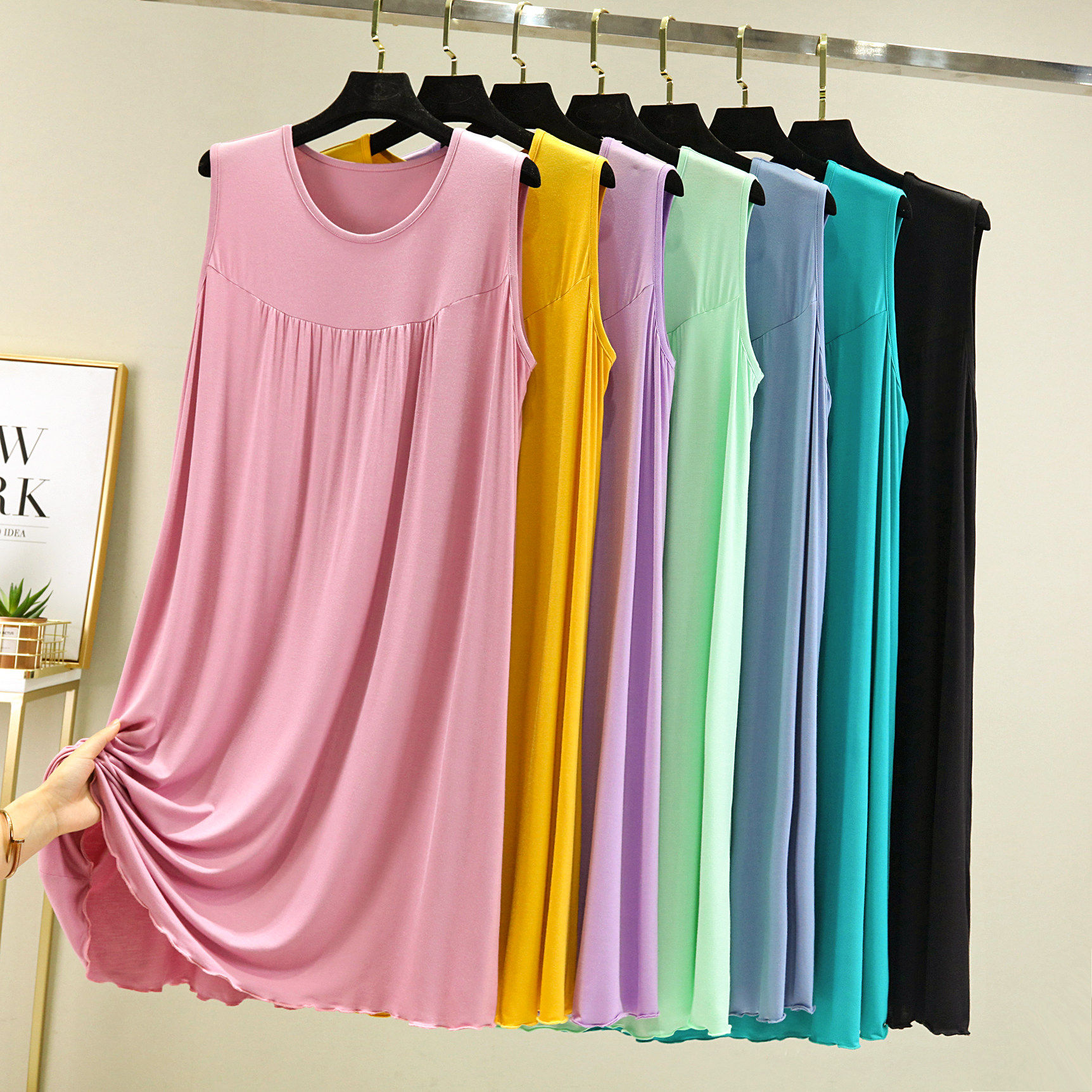 莫代尔无袖睡裙女夏季宽松居家背心长裙大码休闲薄款过膝连衣裙