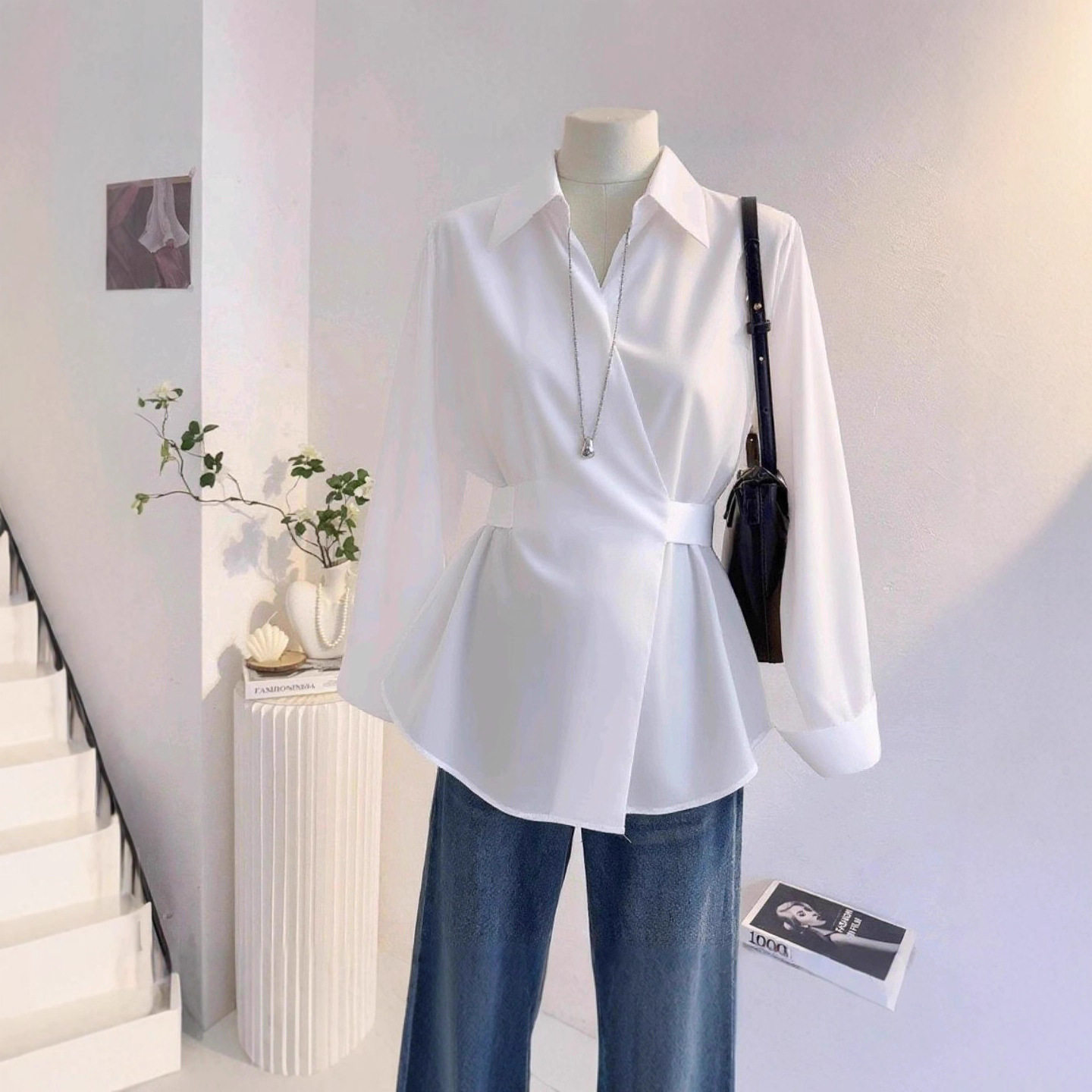 法式气质绑带收腰长袖衬衫女2025秋季设计感显瘦通勤衬衣韩系上衣