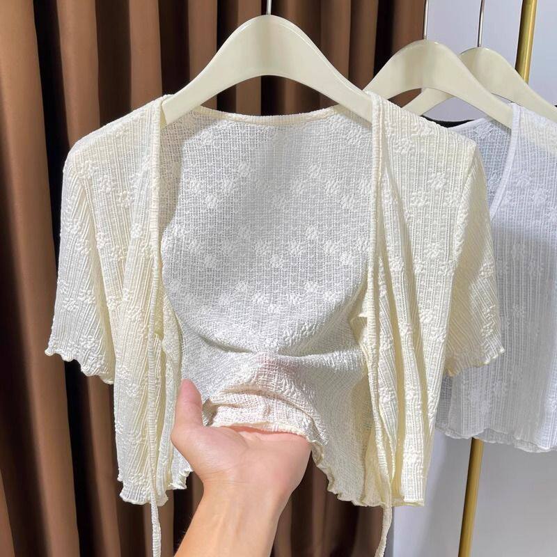 大码冰丝网纱披肩防晒女裝胖mm外搭配吊带裙子空调罩衫坎肩短外套