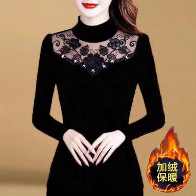 半高领打底衫女2025新款网纱加绒加厚蕾丝小衫洋气内搭小个子上衣