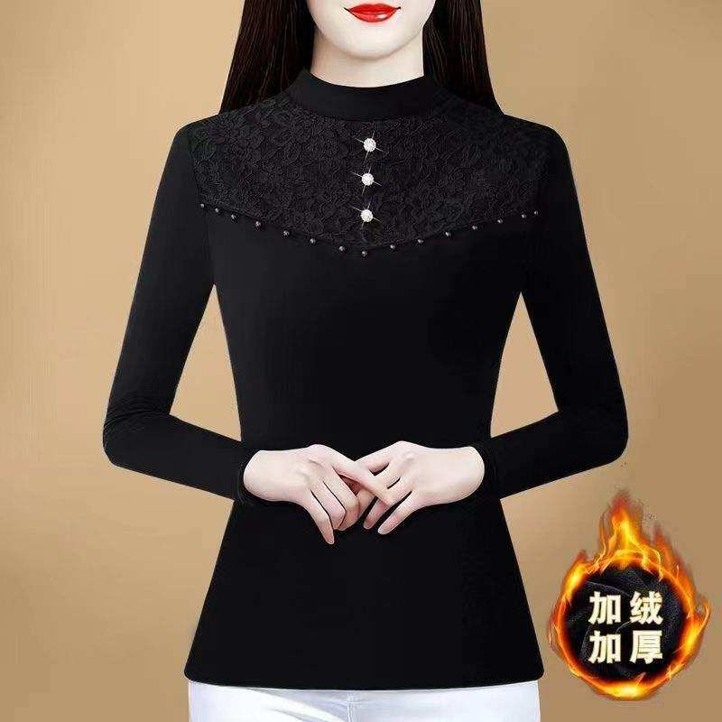 半高领德绒打底衫女2025新款加绒加厚内搭高级感钉珠蕾丝保暖上衣