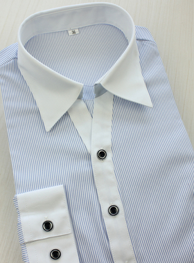 女士白领拼接蓝色细条纹衬衫V领时尚修身OL正装衬衣工作服防走光