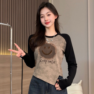 小心机斜开叉正肩长袖T恤早秋新款时尚百搭减龄设计感别致上衣潮