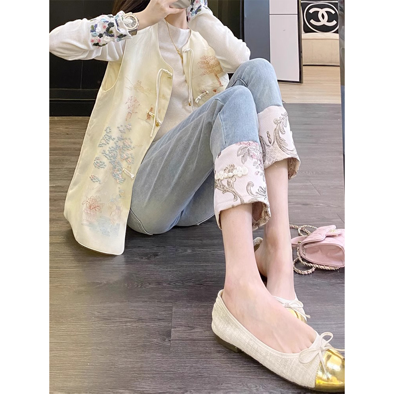 新中式印花九分牛仔裤女