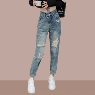子 女夏新高腰复古做旧休闲九分直筒阔腿裤 时尚 破洞哈伦牛仔老爹裤