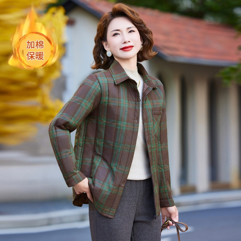 妈妈装棉衣短款秋冬中老年女装翻领夹棉格子衬衫式小棉袄薄款外套