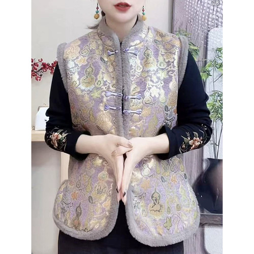 提花秋冬季刺绣马夹国风女装新中式重工加绒加棉保暖盘扣马甲上衣