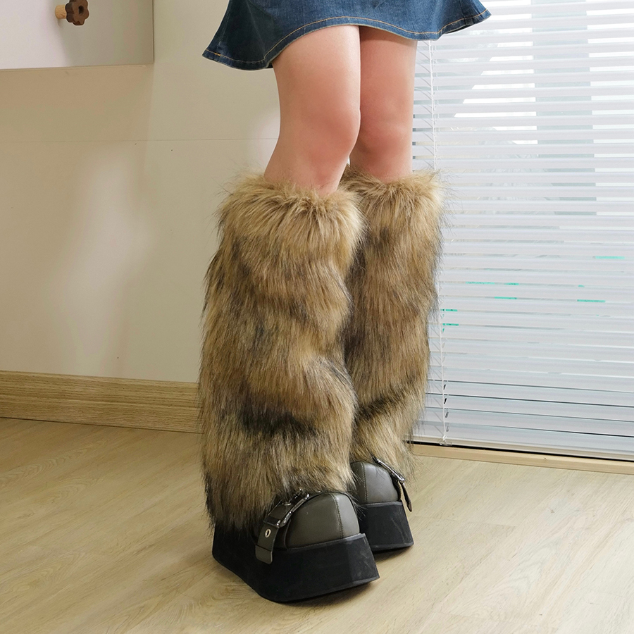 美式西部咖色毛绒腿套棕色皮草袜