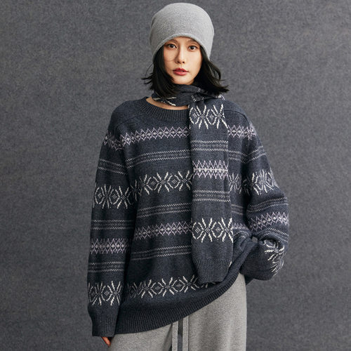 山羊绒四件套2025秋冬新女圆V领提花宽松廓形上衣围巾针织衫毛衣